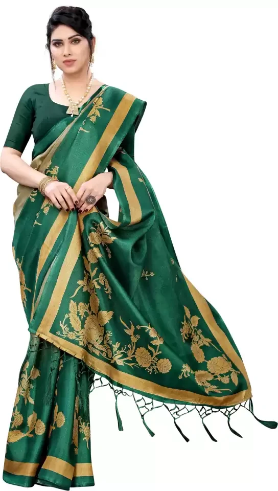 Printed Daily Wear Khadi Silk Saree  (Green)