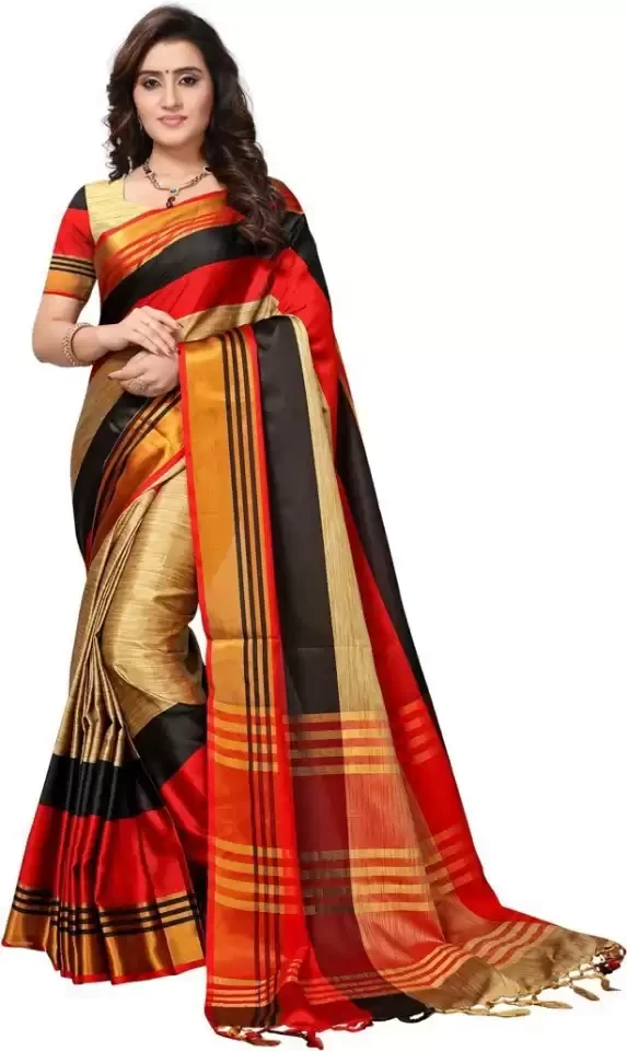 Striped, Woven, Embellished Kanjivaram Cotton Silk Saree  (Beige)